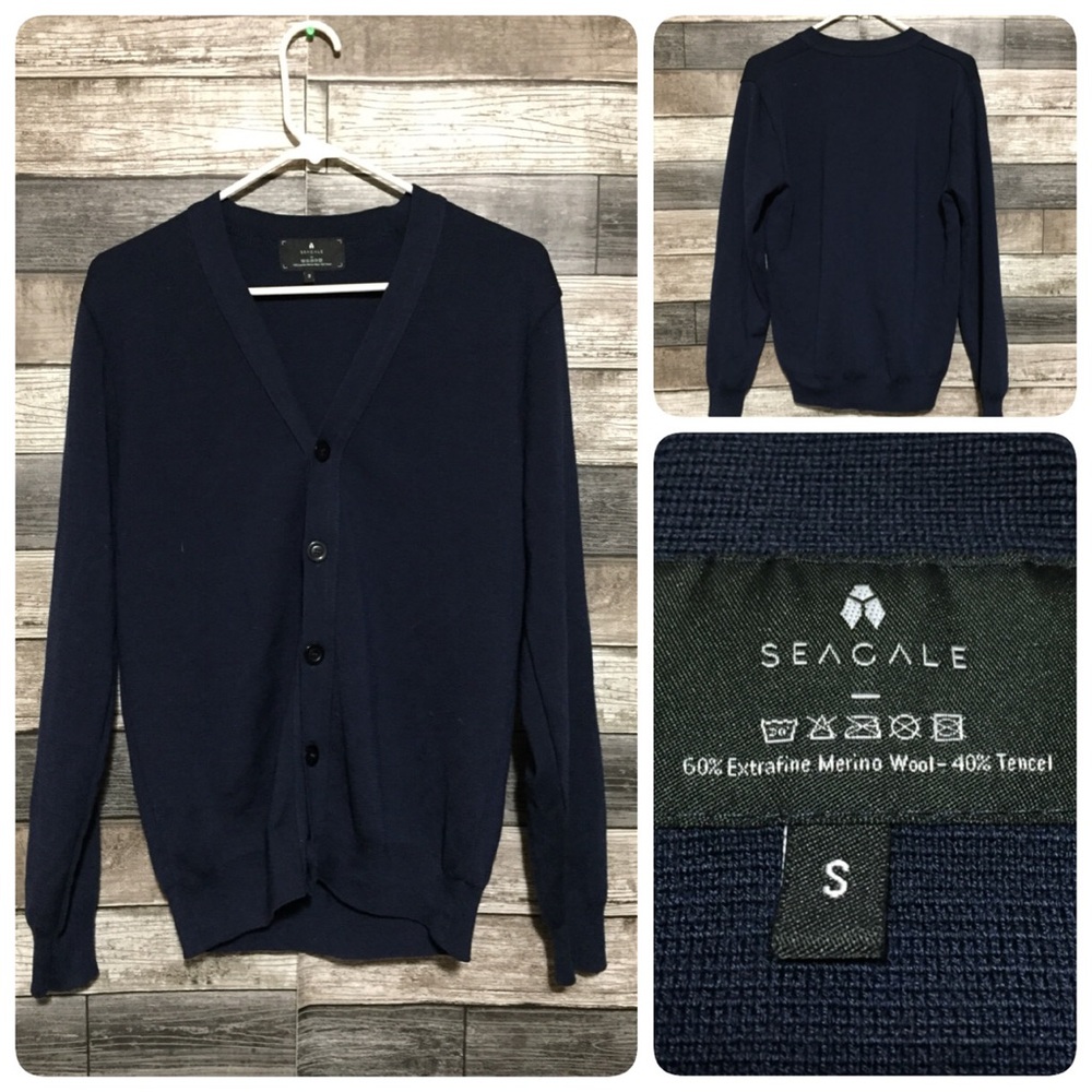 Seagale Merino Wool Blend Cardigan Sweater Men’s S Navy Blue Button Front